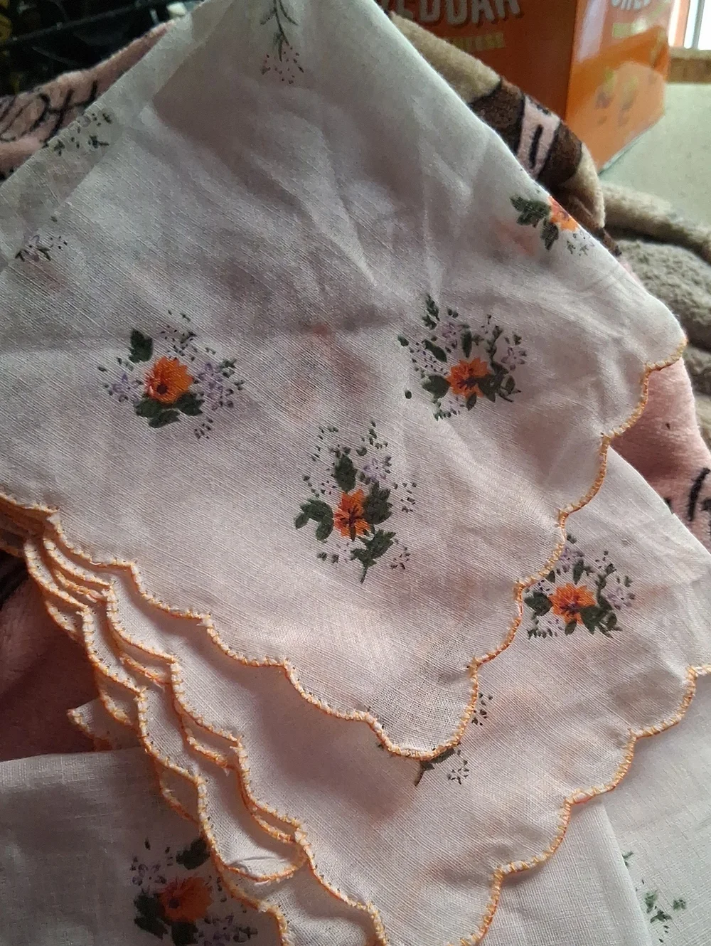 Vintage Floral Scalloped Handkerchief - Orange Yellow Flowers
